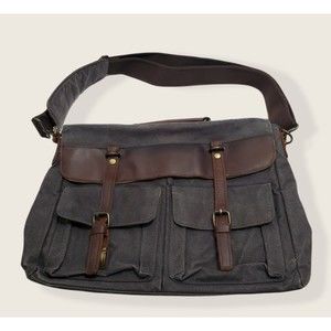 Computer /Messenger Bag Distressed Brown Leather and Charcoal Gray Canvas